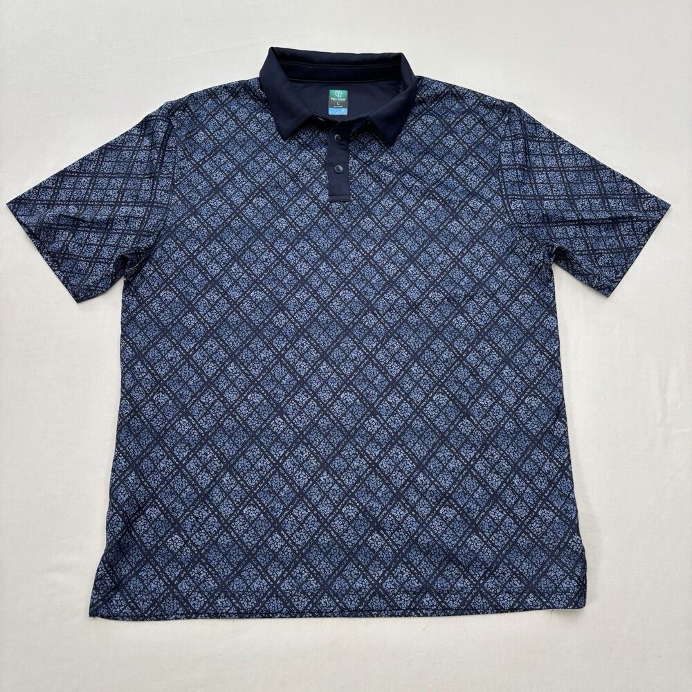 Pro Tour CoolPlay Golf Shirt Mens Polo Size L Navy Blue Breathable Patterned
